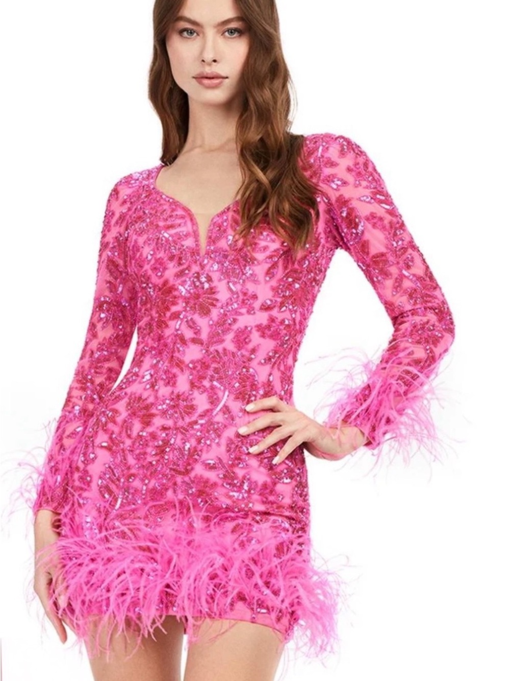 Sequined Feather Trim Mini Dress in Hot Pink - Women's Party Dress
